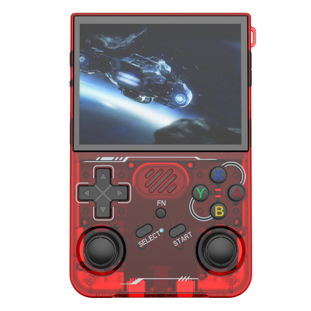 Handheld gaming console with red casing displaying a space-themed game on screen.